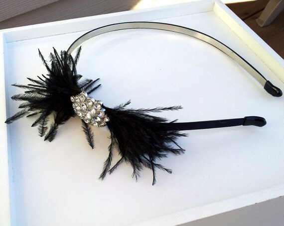 Black Ostrich Feather Fascinator Headband With Rhinestone