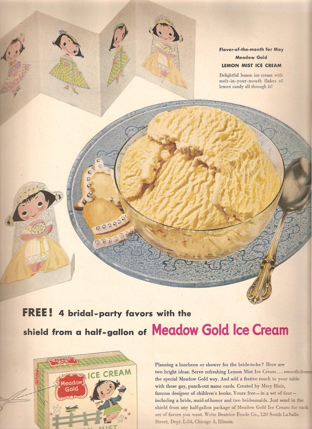 1954 MEADOW GOLD ICE Cream Original Vintage Advertisement
