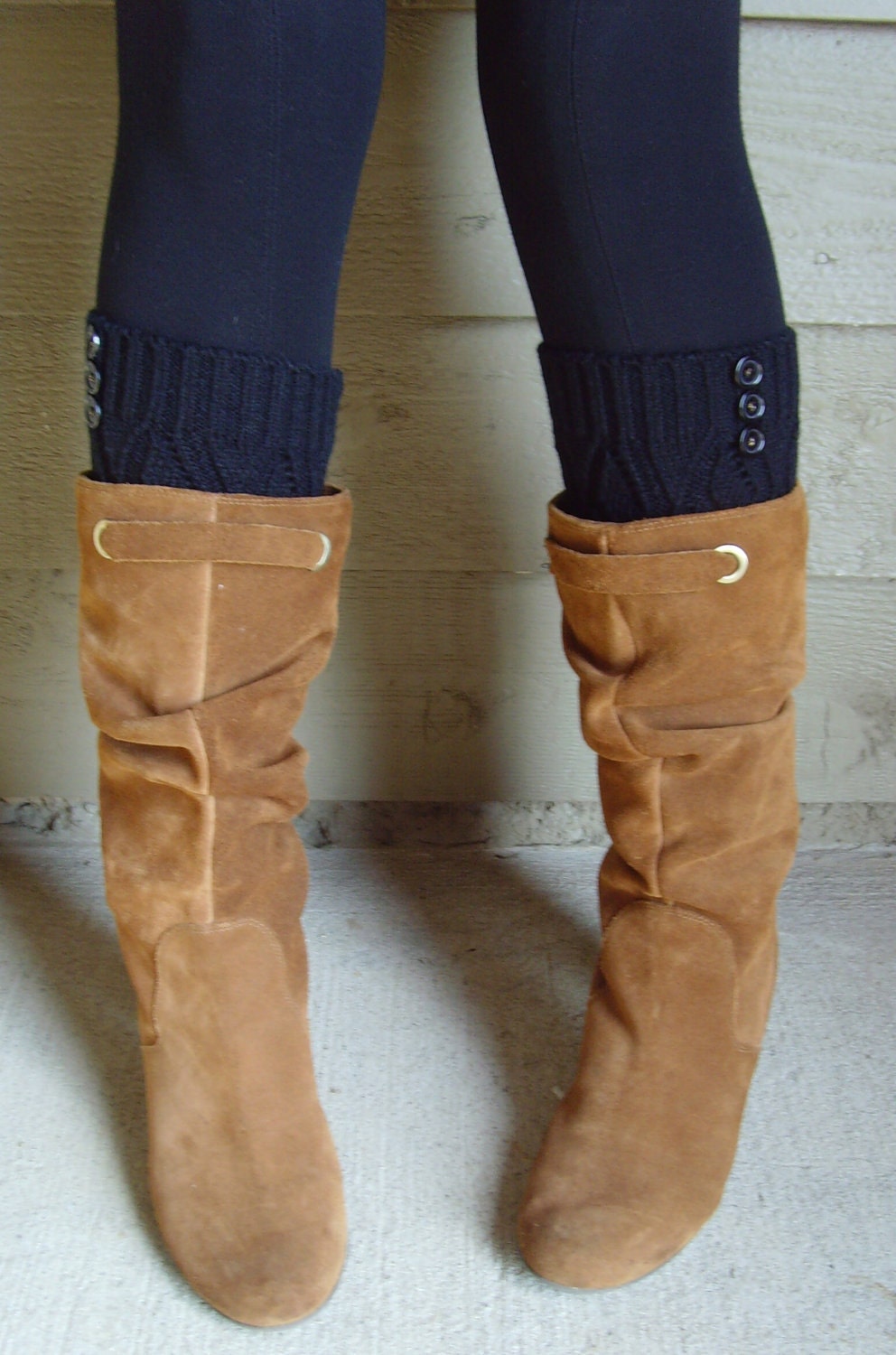 Leg Warmers Gold Shimmering Thread Attached Black Buttons on