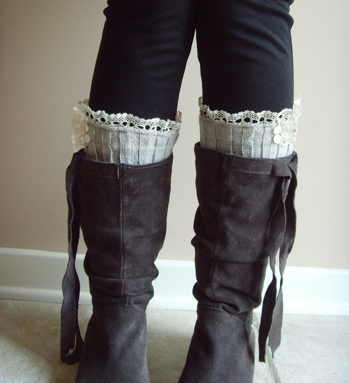 Leg Warmer Boot Socks w/ Ruffled Lace & Iridescent Buttons on