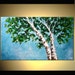 Original Abstract Landscape Painting On Canvas Palette Knife Birch Trees Green Leaves Blue Sky 40x24 By Osnat