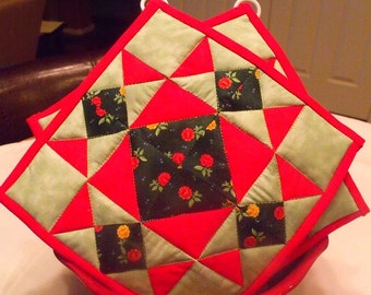 Green & Red Quilted Potholders - Set of 2 - HANDMADE BY ME