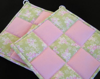 Green and Pink Easter Quilted Potholders - Set of 2 - HANDMADE BY ME