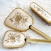TREASURY ITEM - Gold and ivory color dressing table set, brush and mirror set, gold thread embroidery, excellent condition
