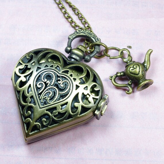 Hollow Out Heart Necklace Pocket watch locket with by tonightstar
