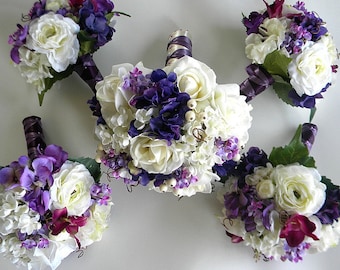 Bridal Bouquet in Purples, White and Lavender with Real Touch Roses