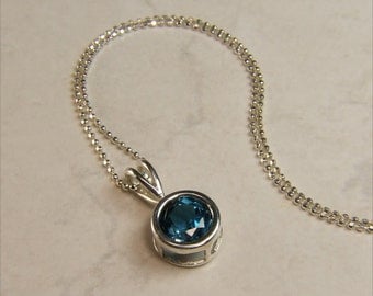 London Blue Topaz, 8mm x 2.35 Carat, Round Cut, Sterling Silver Pendant Necklace, including 18" to 20" (adjustable) Sterling Chain