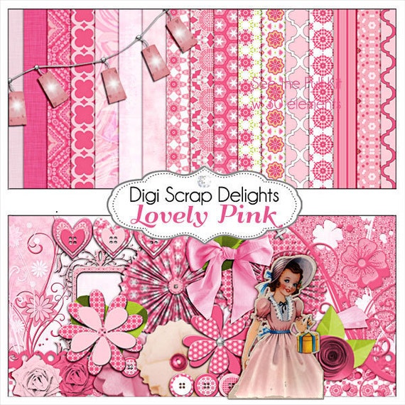 Lovely Pink Digital Scrapbook Kit, Instant Download, for Cards, Invites, Girl Birthday, Digital Scrapbook