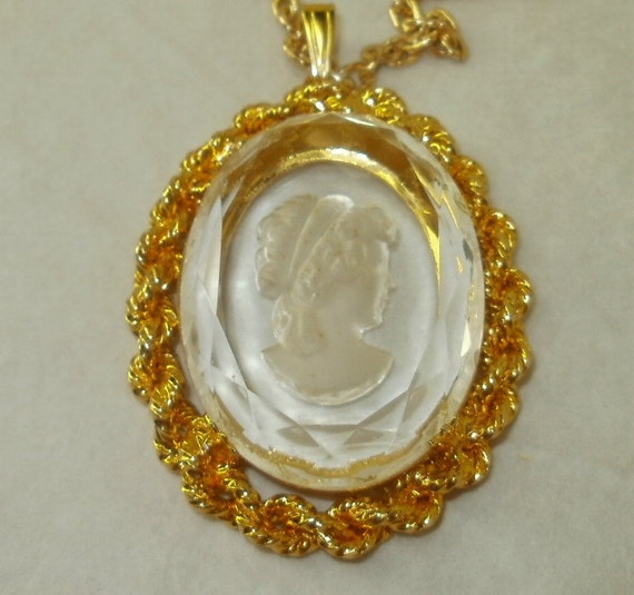 Vintage Glass Cameo Pendant with Necklace Carved by griffincat