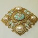 Signed Sarah Coventry Large Costume Jewelry Diamond Brooch Pearl Turquoise Book Piece