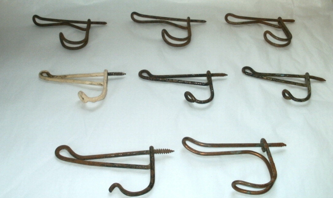 Lot of Eight Antique Coat Hooks Hangers Rack Vintage Hardware