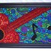 Mardi Gras bead abstract guitar mosaic art, music notes, red, orange, black, blue, green, framed art, OOAK.