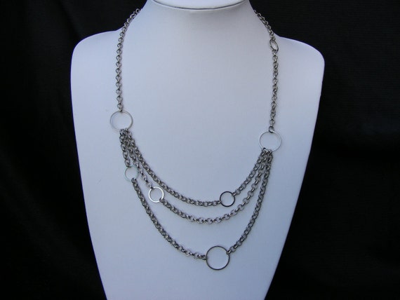 Asymmetric Multi Strand Silver Chain Necklace with Circles