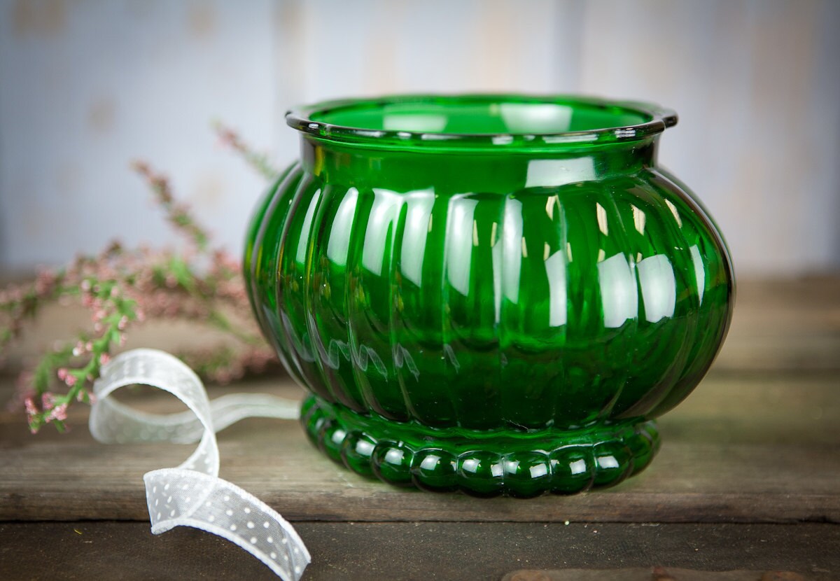 Green Glass Oblong Vase Ribbed Pattern w/ by LazyDayRelics on Etsy