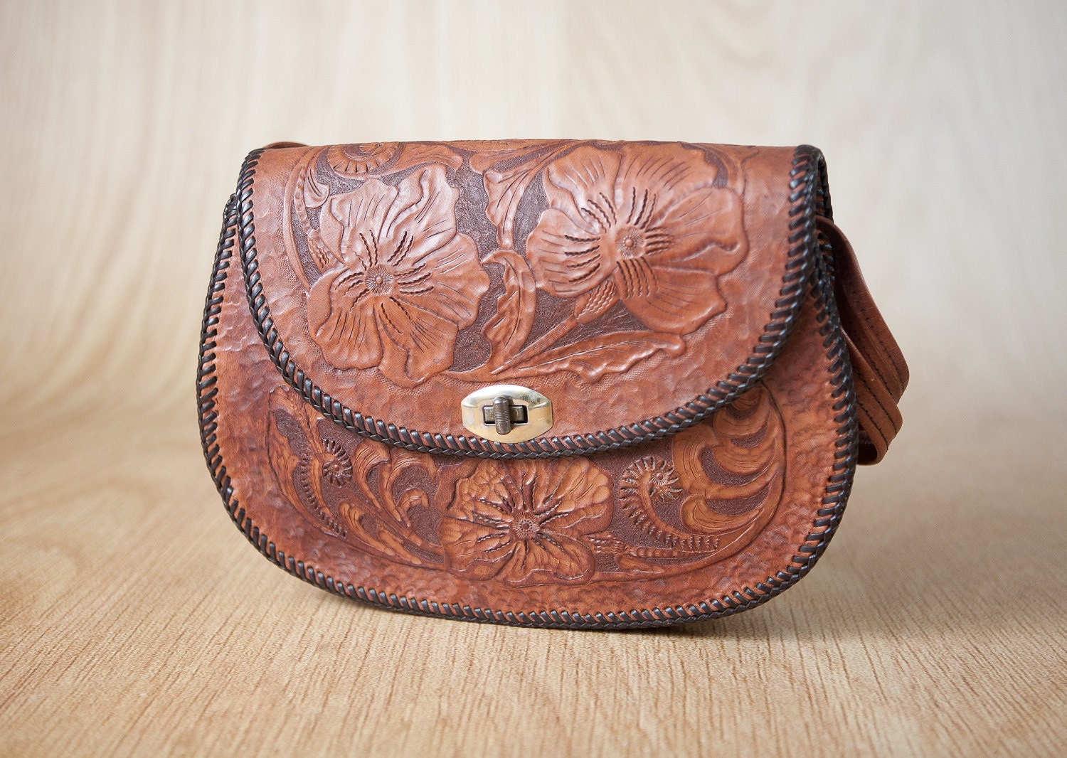 Hand Tooled Leather Western Design Purse w/ leather laced