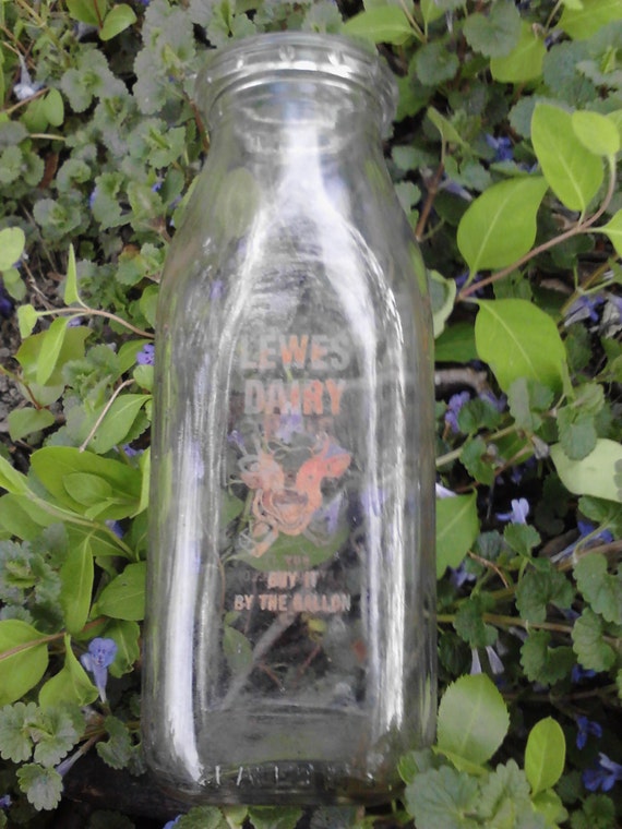 Antique Vintage Lewes Dairy Glass Milk Quart by SpiralHawkStudio