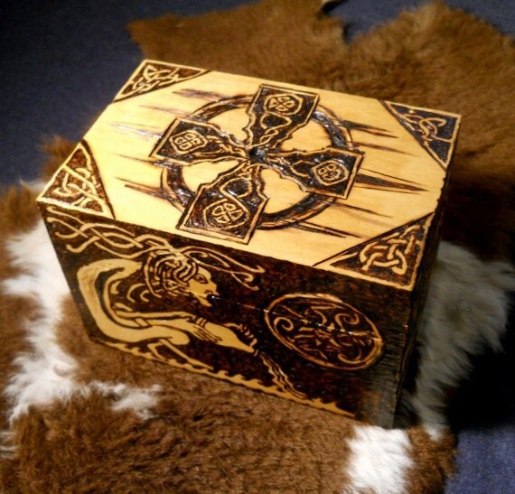 Celtic Cross Wood Burned Knotwork Jewelry Box