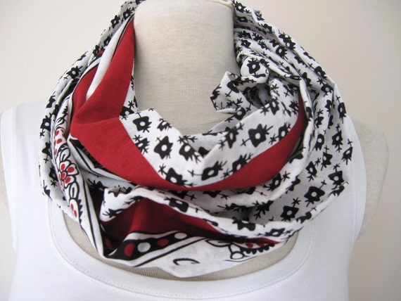 infinity scarf Red black white womens scarves cotton fabric
