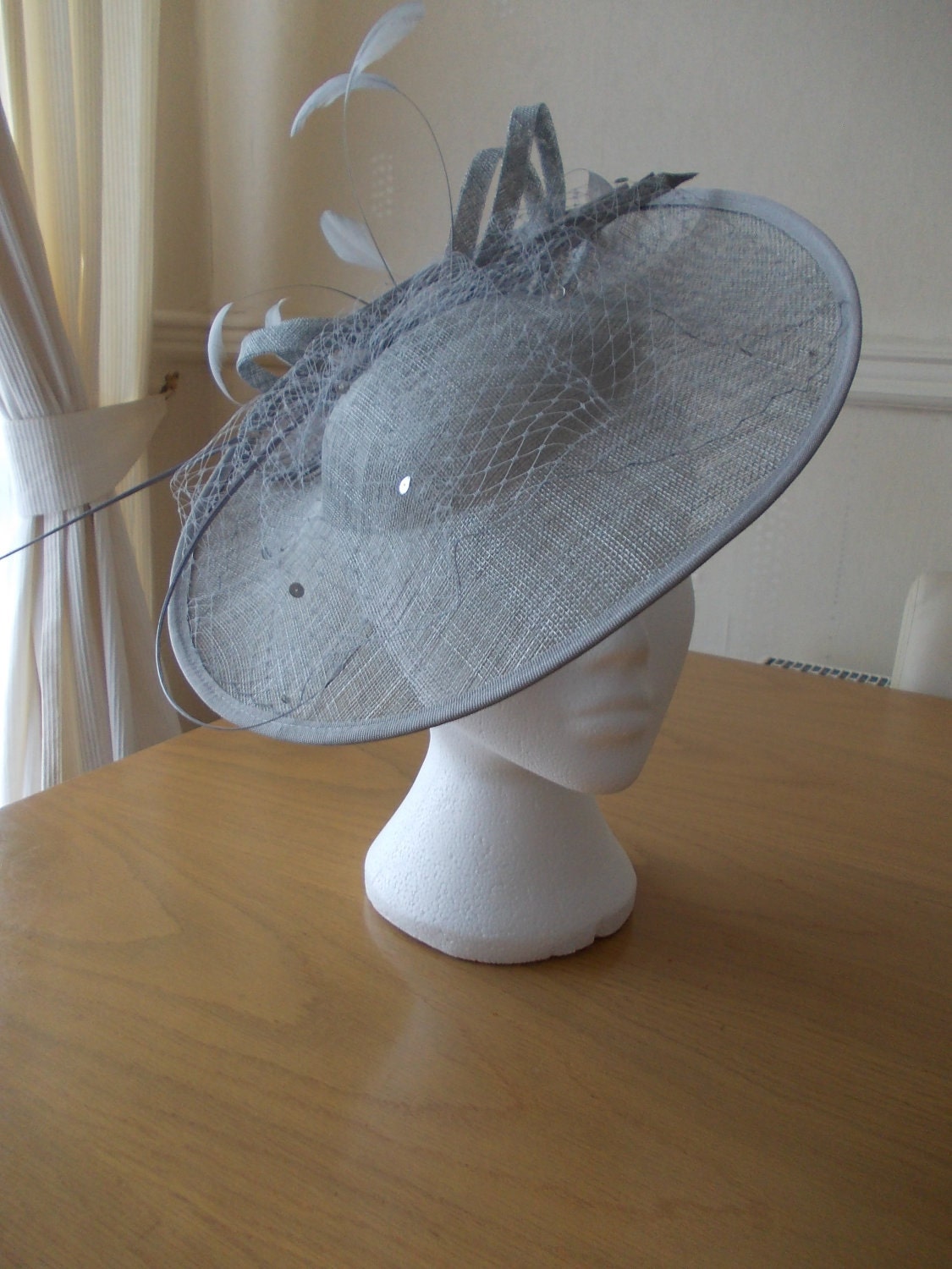 Large Silver Grey Gray Saucer Sinamay Fascinator Formal Hat
