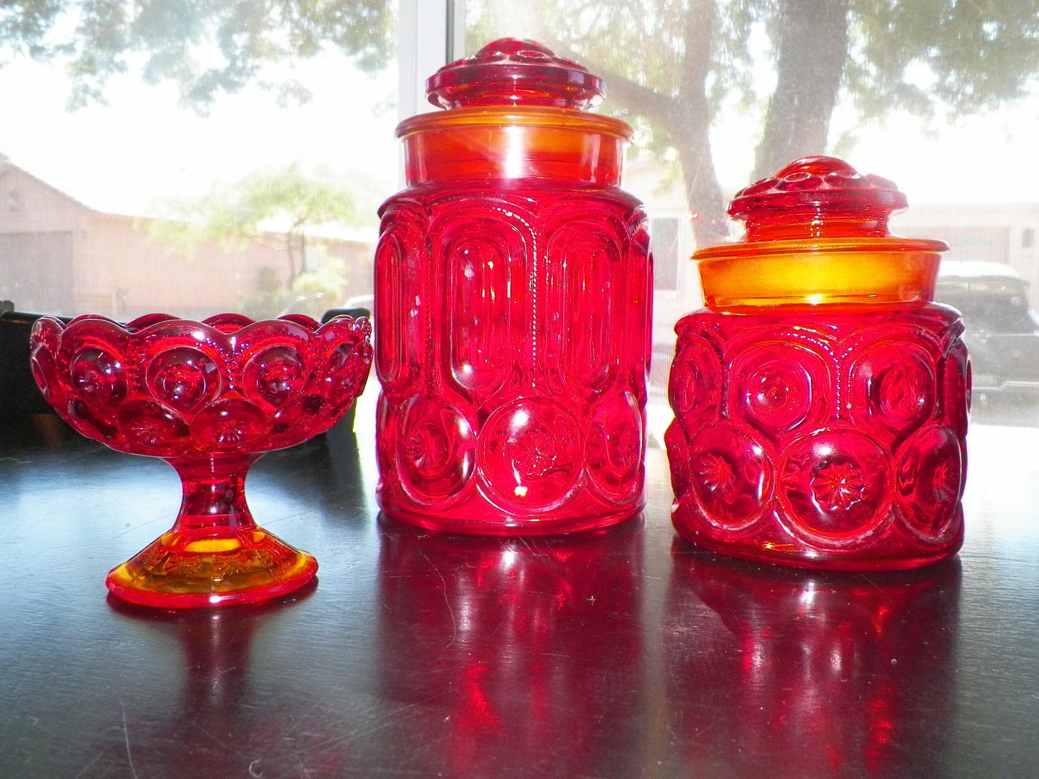 Antique Red Glass Canister Set And Candy Dish LE Smith Moon
