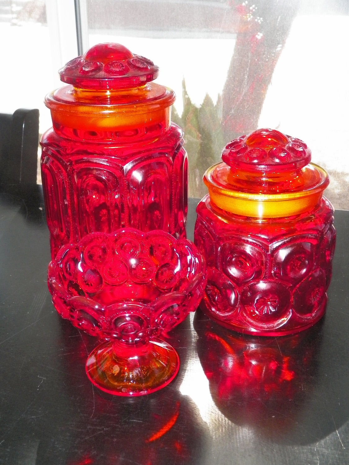 Antique Red Glass Canister Set And Candy Dish LE Smith Moon