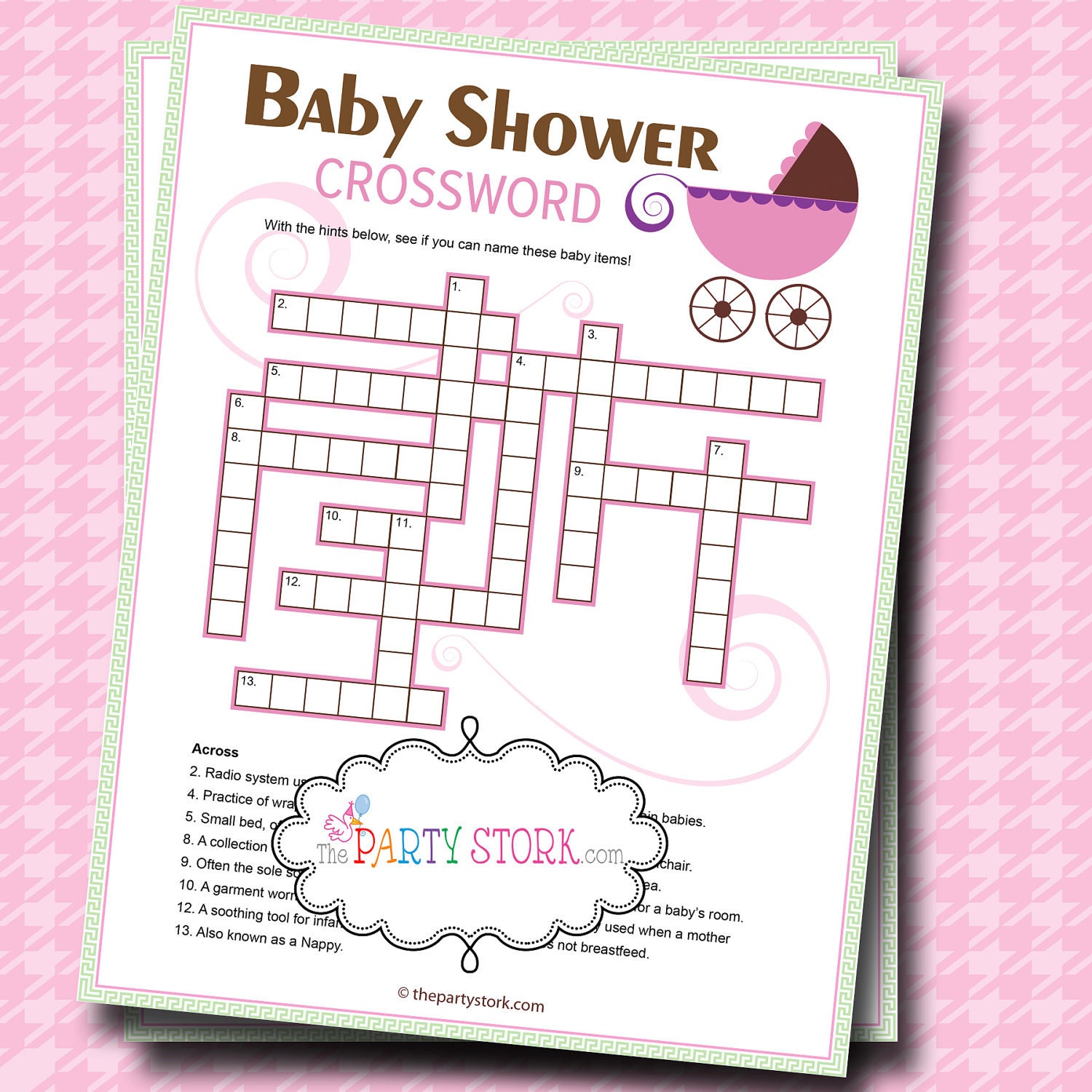 Baby Shower Games Crossword Puzzle Game PRINTABLE Stroller