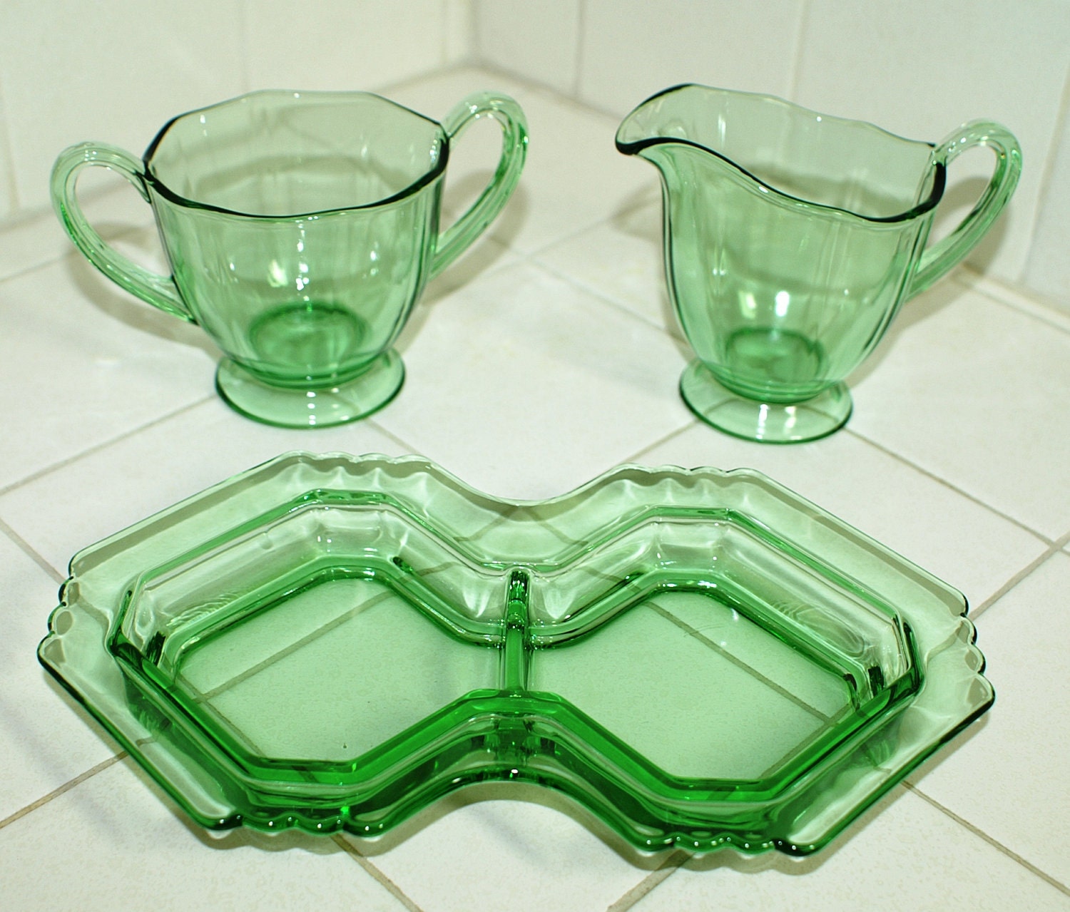 Green Depression Glass Cream Pitcher & Sugar Bowl by VintageDuo