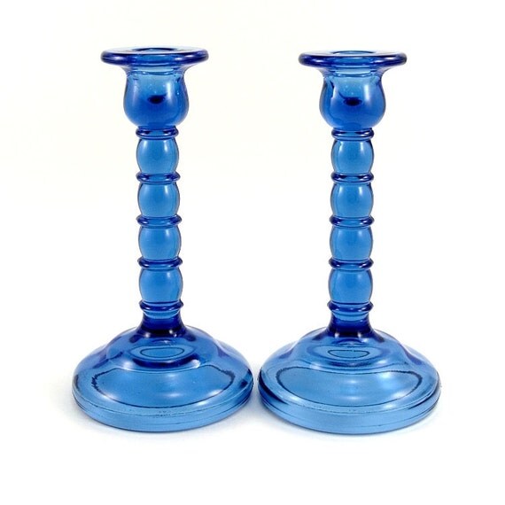 Items similar to Vintage Blue Depression Glass Candle Sticks, Cambridge