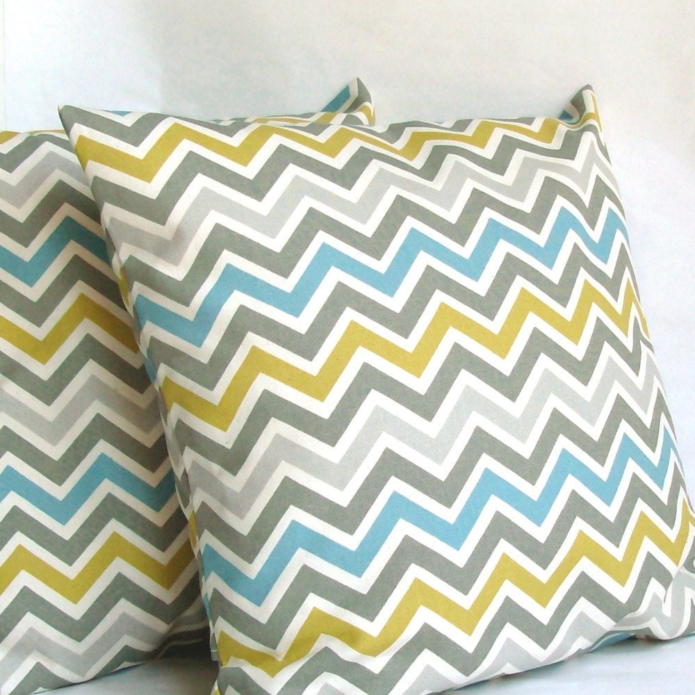 Blue Yellow Throw Pillow Cover Chevron 22x22 by PureHomeAccents