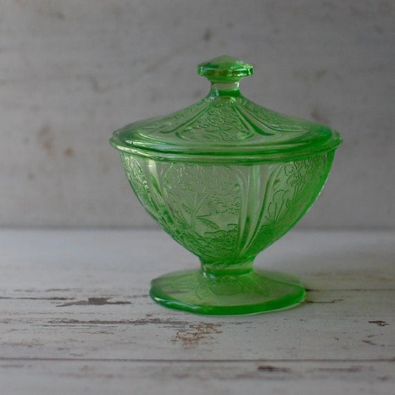 Green Depression Glass Candy Dish Cherry Blossom