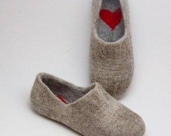 Felted Warmest Love Clogs -Felt organic merino wool neutral beige grey-felted slippers-handmade slippers valentines day gift-womens slippers