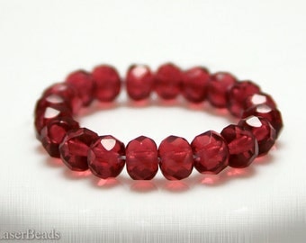 Small Red Czech Rondelle Beads 5mm (50) Glass Fire Polished Faceted Polish Pomegranate