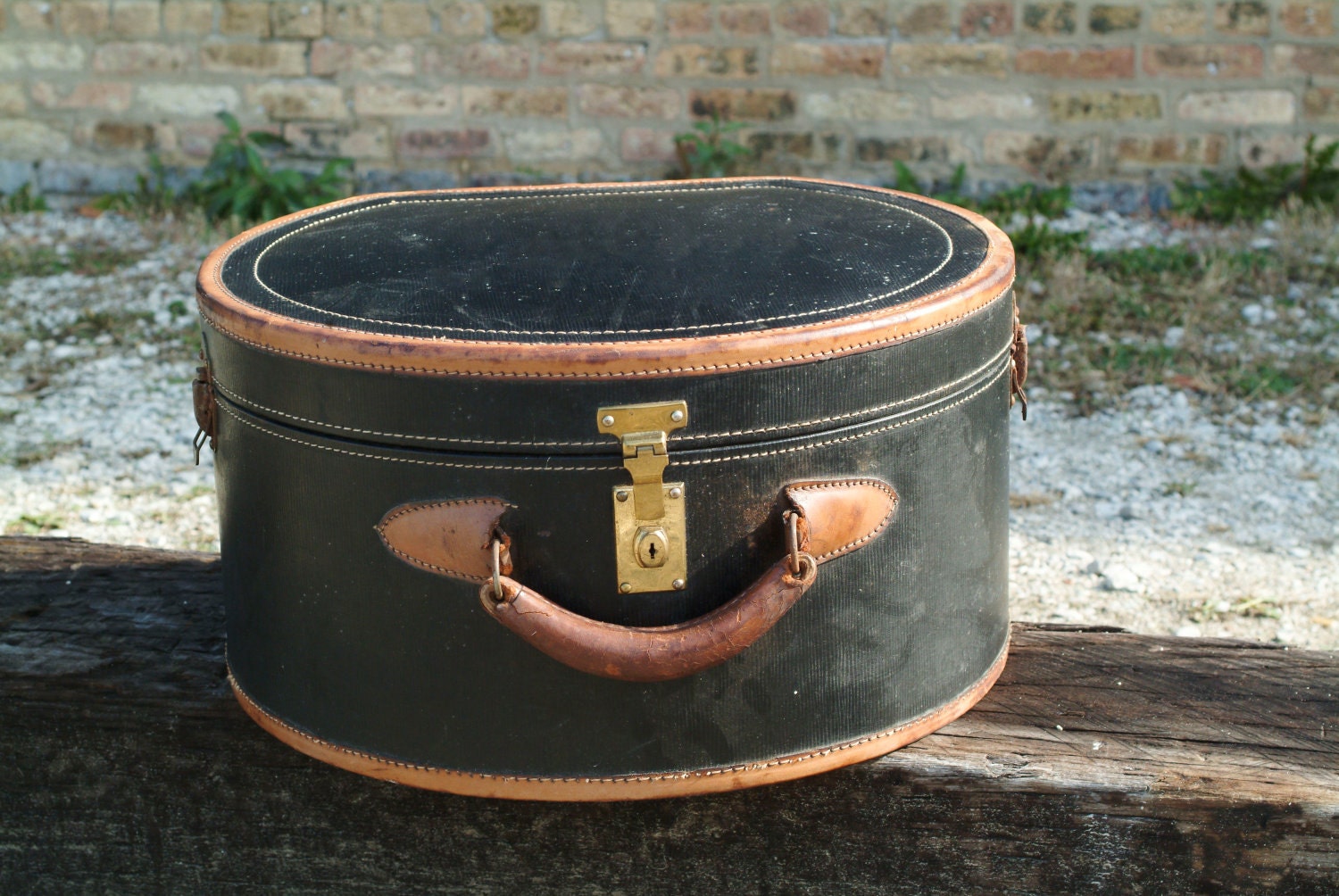 Vintage Round Suitcase Luggage PIece Brown and Black Leather