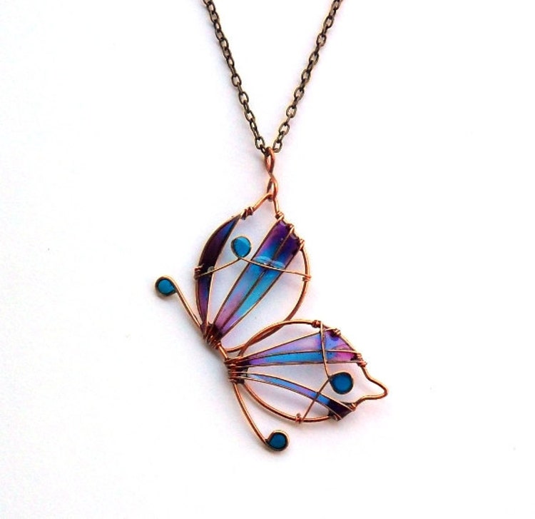 Copper butterfly long necklace purple by ThePurpleBalloon on Etsy