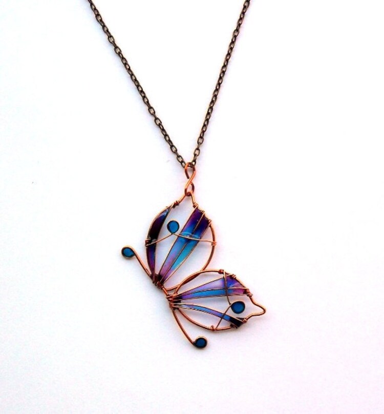 Copper butterfly long necklace purple by ThePurpleBalloon on Etsy