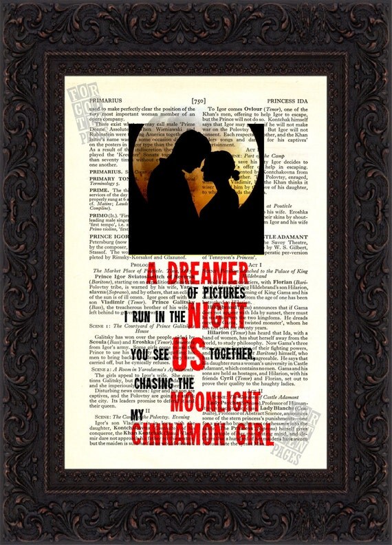 Neil Young Cinnamon Girl Song Lyrics print on upcycled Vintage
