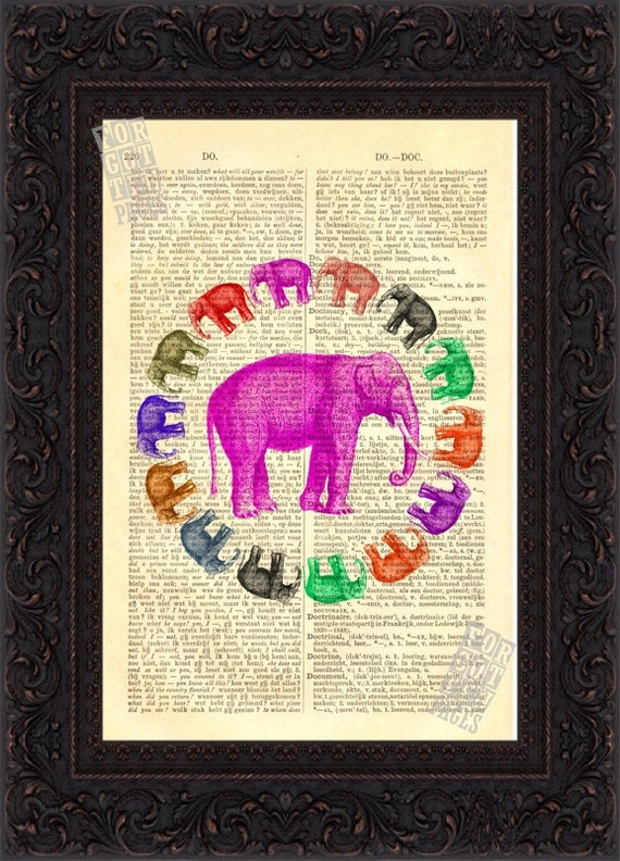 Multi Colored Elephant Circle print on old dictionary page