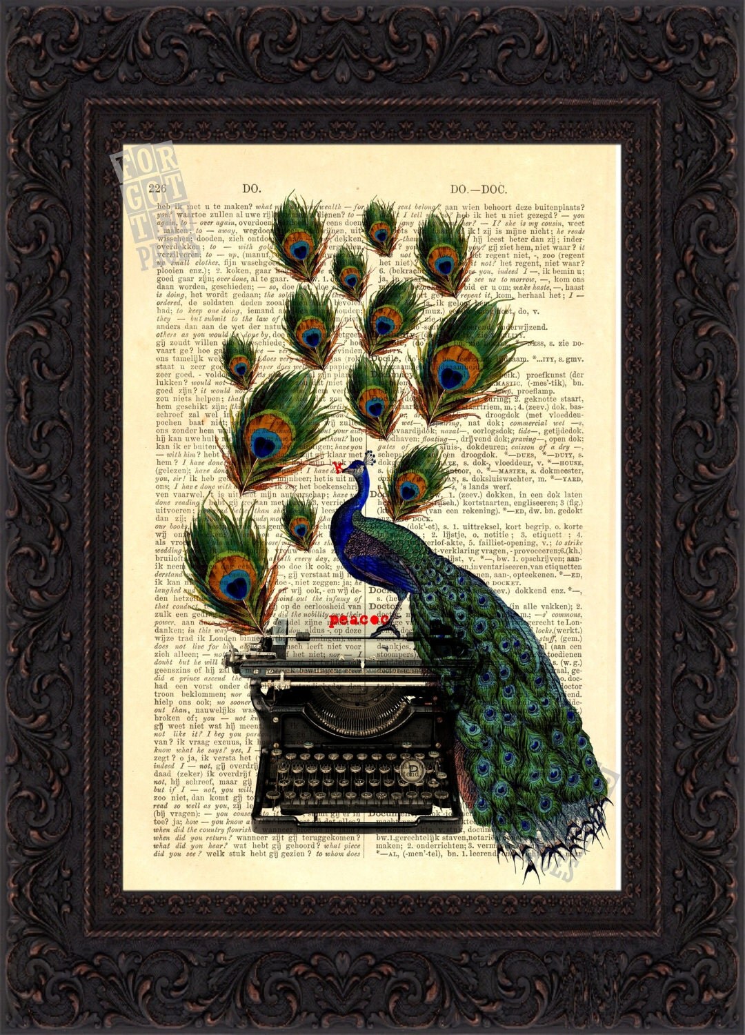 Peacock with Typewriter Print on vintage by