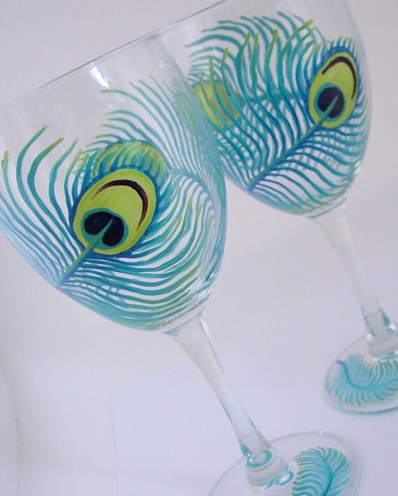 Items similar to PEACOCK FEATHER Hand Painted 2) Wine Glasses Stemware ...