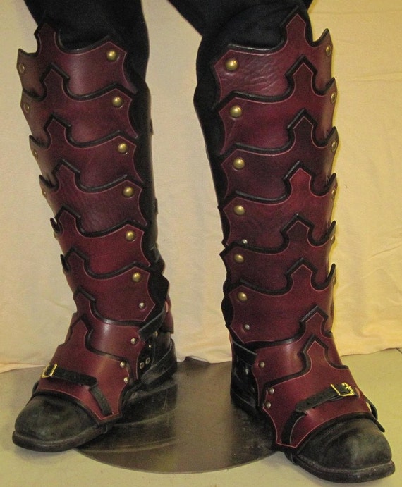 Gothic Plated Leather Greaves & Sabotes by SharpMountainLeather