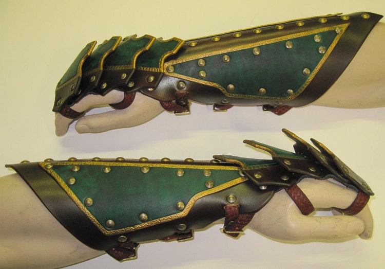 Leather Armor Ornate Gauntlets by SharpMountainLeather on Etsy