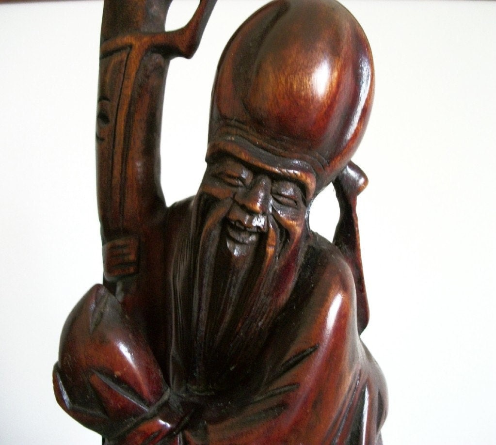 Teak figurine Chinese god of longevity long life hand carved