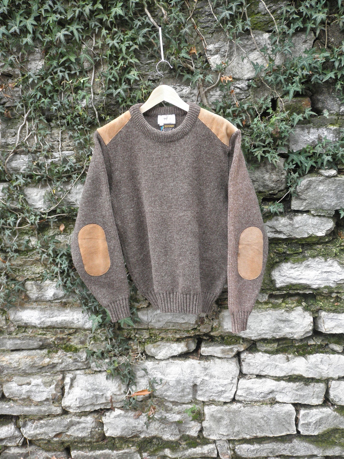 Brown Wool Sweater Suede Elbow and Shoulder Pads Mens 40