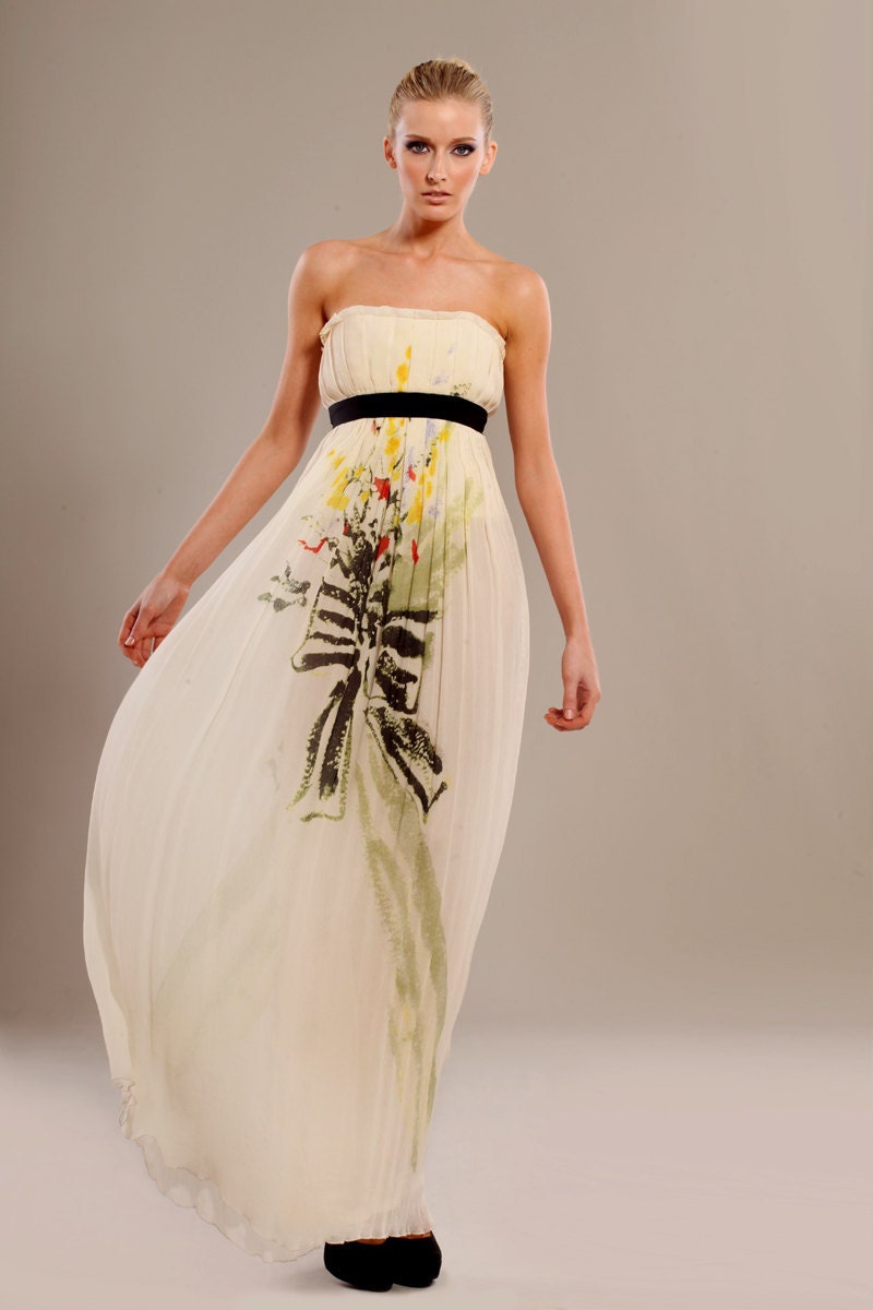 Silk wrinkled chiffon corset maxi printed dress