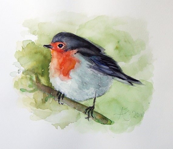 Red Robin Painting Birds Watercolor by VerbruggeWatercolor on Etsy