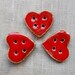 3 Matching Red Heart-Shaped Handmade Ceramic Buttons