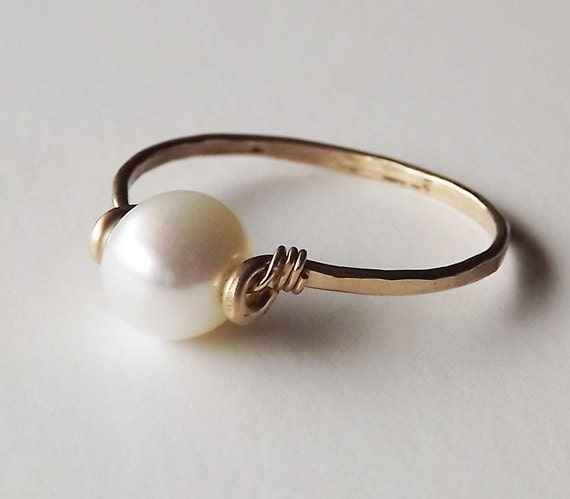 Freshwater Pearl Hammered Gold Filled Ring by BellatrinaJewelry