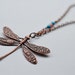 Vintage Inspired Dragonfly Pendant Necklace / Antiqued Copper finish - Dragonfly Necklace - 24 inch Accented with Turquoise and Coral Beads