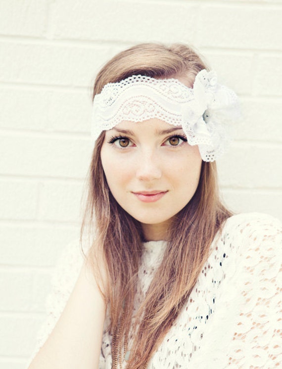 Items similar to White Lace Headband with Flower Bow and button center ...