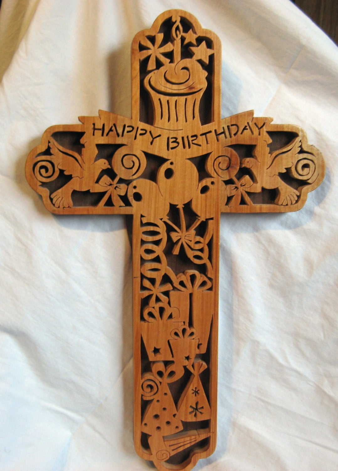 Items similar to Oak and Walnut Wood Happy Birthday Cross Wall Hanging ...